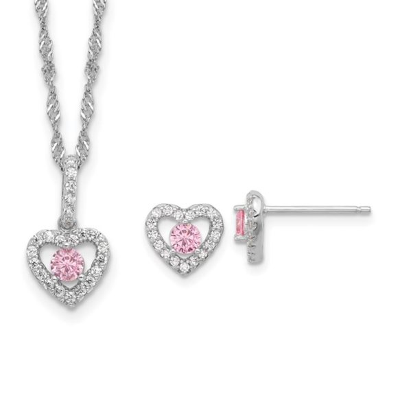 Children's 925 Sterling Silver Mini Pink & White CZ Heart Necklace / Earring Set